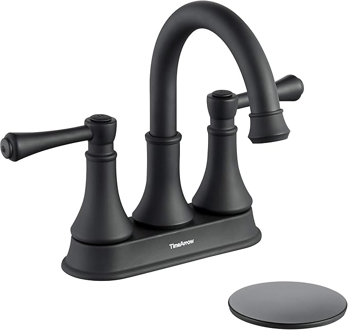 TimeArrow Matte Black 2 Handle Centerset Bathroom Sink Faucet 3 Holes with Drain Assembly, High Arc Modern 4 Inch Bathroom Vanity Lavatory Faucet with Brass 360° Swivel Spout, TAF067Y-MB