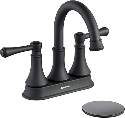 TimeArrow Matte Black 2 Handle Centerset Bathroom Sink Faucet 3 Holes with Drain Assembly, High Arc Modern 4 Inch Bathroom Vanity Lavatory Faucet with Brass 360° Swivel Spout, TAF067Y-MB