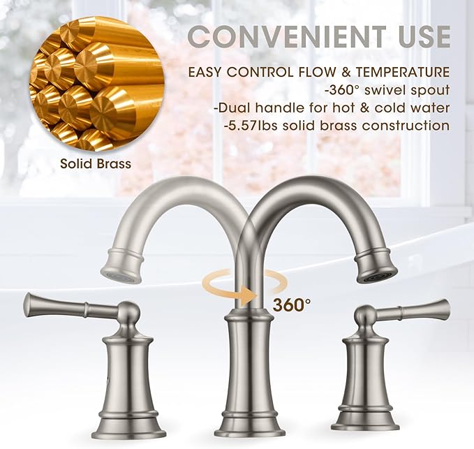 Classic Brushed Nickel Bathroom Faucet, 360° Rotatable Spout, 2 Handles, 3 Hole Widespread, Pop Up Drain & Supply Lines Included, Antique Style (L2304-BN)