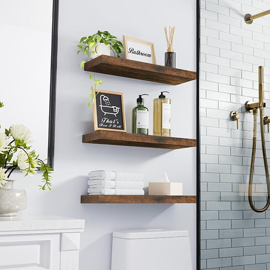BAYKA Bathroom Floating Shelves for Wall Set of 3 - Rustic Brown Farmhouse Wood Shelves Over Toilet for Bedroom, Kitchen, or Living Room Decor Display, Storage for Plants, Toilet Paper or Bath Towels