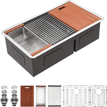 Sarlai 30 Undermount Kitchen Sink Double Bowl - 30x19 Inch Kitchen Sink Undermount Workstation16 Gauge Stainless Steel Deep Double Bowl 60/40 Low Divided Under Counter Sinks Basin