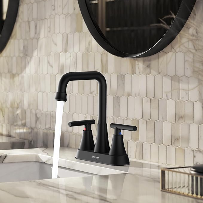 Matte Black Bathroom Sink Faucet, Hurran 4 inch Bathroom Faucets for Sink 3 Hole with Pop-up Drain and Supply Lines, Stainless Steel 2-Handle Centerset Faucet for Vanity RV Restroom