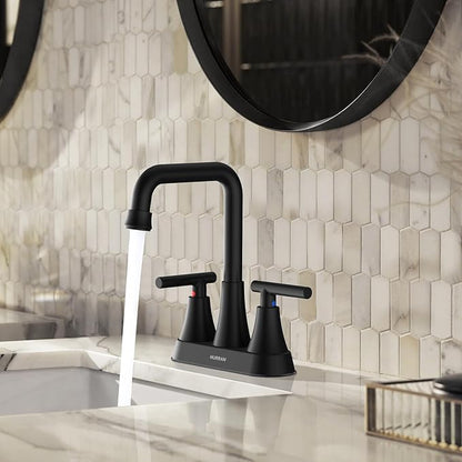 Matte Black Bathroom Sink Faucet, Hurran 4 inch Bathroom Faucets for Sink 3 Hole with Pop-up Drain and Supply Lines, Stainless Steel 2-Handle Centerset Faucet for Vanity RV Restroom