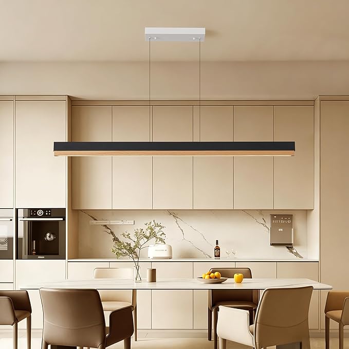 59" Wood Linear Pendant Light, Modern Pendant Lights Kitchen Island with Remote, 24W LED Hanging Pendant Light, Adjustable Linear Chandelier for Dining Room, Bar, Pool Table-Natural Wood