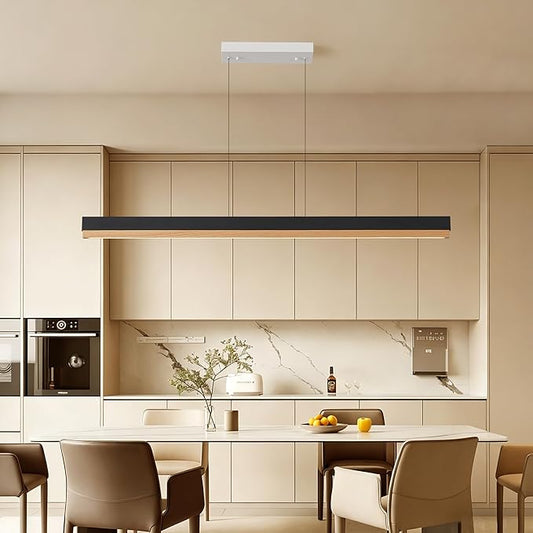 59" Wood Linear Pendant Light, Modern Pendant Lights Kitchen Island with Remote, 24W LED Hanging Pendant Light, Adjustable Linear Chandelier for Dining Room, Bar, Pool Table-Natural Wood