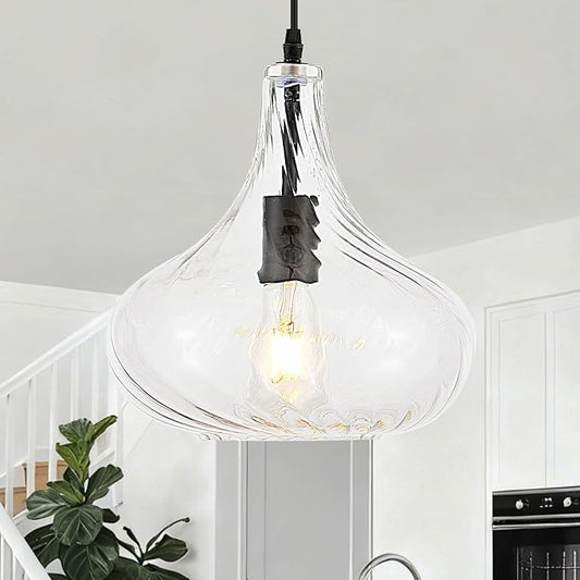 VILUXY Glass Pendant Lights 11inch Large Modern Black Pendant Lighting Fixtures for Kitchen Island Striped Shade 1 Light Single Ceiling Hanging Light for Kitchen Sink Dining Room Hallway, UL Listed