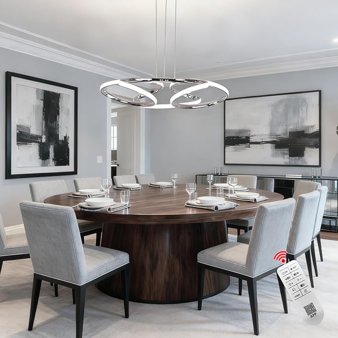 23 inch Modern Chandelier for Dining Room, Kitchen Chandelier & Entryway, Dimmable LED Pendant Light with Adjustable Height, 32W for Hallway, Living Room, Bedroom (Chrome M)