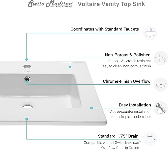 Swiss Madison Well Made Forever SM-VT327 Voltaire Vanity Top Sink, Glossy White