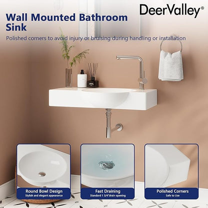 Wall Mount Sink, Deer Valley 30" x 18" Bathroom Vessel Sink, White Ceramic Bathroom Wall Hung Sink with Right Side Faucet Mount