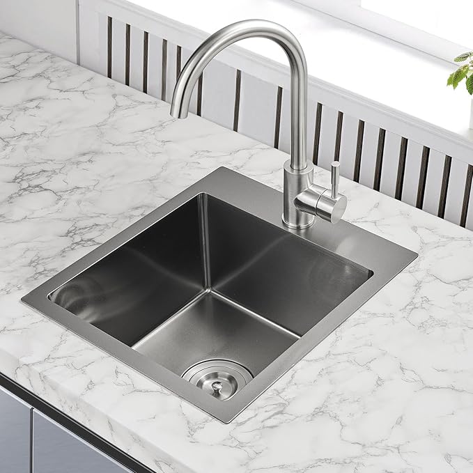 MENATT 15 x 17 Inch Drop in Kitchen Sink, 18 Gauge Stainless Steel Single Bowl Single Faucet Hole Topmount Kitchen Bar Sink or Prep Sink (Black)