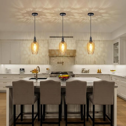 Glass Pendant Lights for Kitchen Island 2 Pack, E26 Modern Black Pendant Light Fixtures with Hand Blown Glass, Adjustable Farmhouse Hanging Light for Dining Room, Entryway & Over Sink Lighting