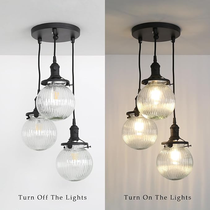 Phansthy Kitchen Island Lighting, 3 Lights Linear Chandeliers, Hanging Light with 5.9" Globe Striped Glass Shade, 3-Light Pendant Light Fixtures for Dining Room Farmhouse (Black, Round Base)