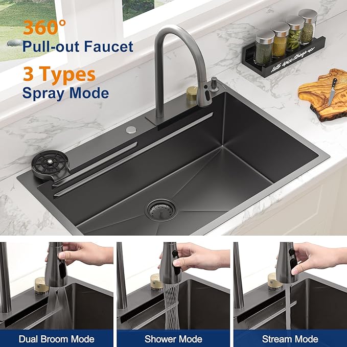 Sarlai 33 Inch Waterfall Kitchen Sink Workstation - 33x22 Black Waterfall Drop In Sink Stainless Steel 16 Gauge Sink Multifunction Single Bowl Smart Top Mount Kitchen Sinks with Faucet Combo