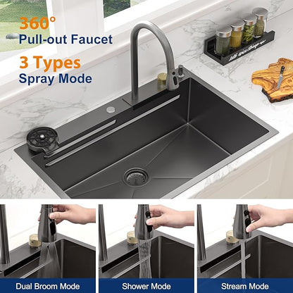Sarlai 30 Inch Waterfall Kitchen Sink Workstation - 30x22 Black Waterfall Drop In Sink Stainless Steel 16 Gauge Sink Multifunction Single Bowl Smart Top Mount Kitchen Sinks with Faucet Combo