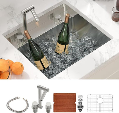 Sarlai Undermount Bar Sink With Foldable Faucet - 21x19 Inch Outdoor Kitchen Sink RV Workstation 16 Gauge Stainless Steel Single Bowl Handmade Outdoor BBQ Sinks