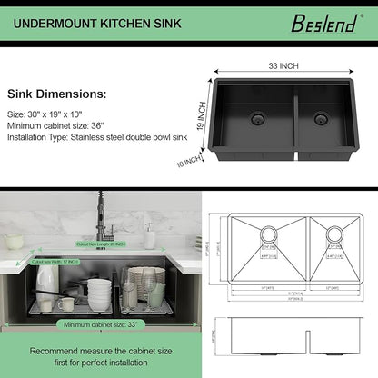 30 Black Undermount Kitchen Sink - 30x19 Gunmetal Black Double Bowl Kitchen Sinks Workstation 16 Gauge Stainless Steel Sink Low Divide Double Basin 60/40