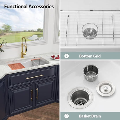 Kichae 32 Inch White Undermount Sink Workstation Ceramic Fireclay 32x19 Inch White Kitchen Sink Dual Drop in & Undermount Kitchen Sink Single Bowl Deep Porcelain Sink