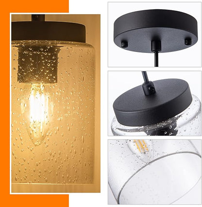 3 Pack Seeded Glass Pendant Light Black Pendant Lighting Modern Mini Hanging Lighting Adjustable Cord for Kitchen Island Dining Room Sink,4.7in