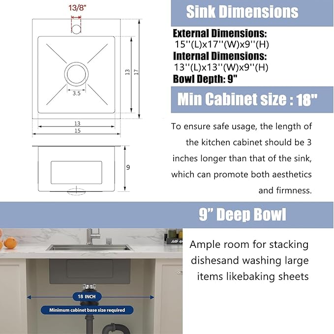 15x17 Inch Bar Sink Drop In, Topmount Kitchen Sink Stainless Steel Square Small Sinks, Single Bowl Kitchen Sinks for Laundry Wet Bar Prep RV Office Outdoor Yard with Grid & Drain