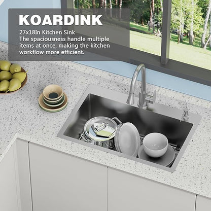 Kitchen And Bar Sink, 27x18 Inch Stainless Steel Drop In Modern Single Bowl Topmount Kitchen And Bar Sink Combo-SS Grid,Spoon Rest,Drain Strainer Set Compatibility With Various Kitchen&Bar Style