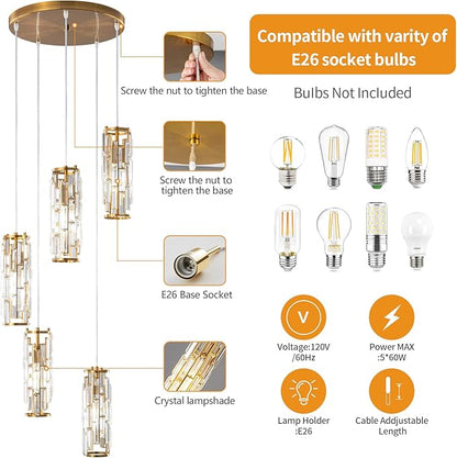 LMQNINE Pendant Light, Gold Modern Pendant Light Fixtures, Mini Crystal Chandeliers, Adjustable 5-Light Pendant Lighting for Kitchen Island Dinning Room Bedroom (Gold 5-Light)
