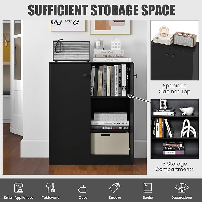 GRAFFY Wood Floor Storage Cabinet - Freestanding Sideboard Cabinet with 2 Doors and 3-Tier Shelves, Modern Storage Organizer for Living Room, Kitchen, Bathroom, Hallway, Dining Room, Entryway (Black)