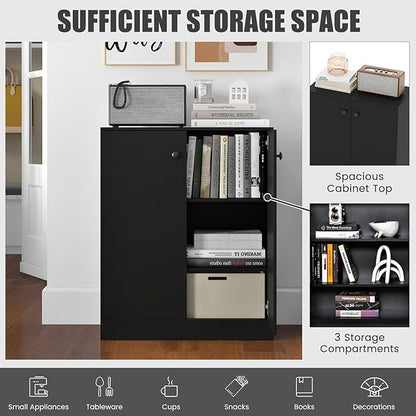 GRAFFY Wood Floor Storage Cabinet - Freestanding Sideboard Cabinet with 2 Doors and 3-Tier Shelves, Modern Storage Organizer for Living Room, Kitchen, Bathroom, Hallway, Dining Room, Entryway (Black)