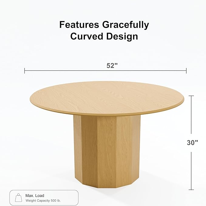 Casaphoria 52" Round Dining Table, Modern Wood Kitchen Table with Cylinder Polygonal Base for Living Room & Dining Room, Easy Assembly Farmhouse Furniture for 4-6, Oak