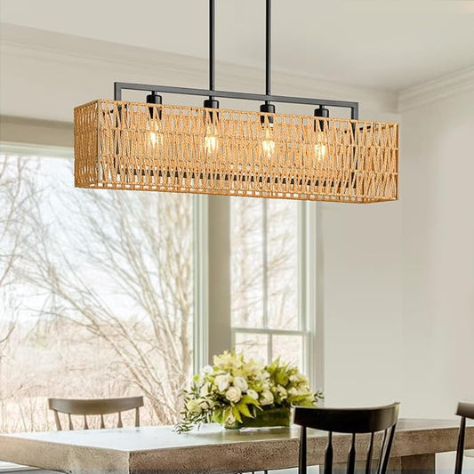 Rattan Chandeliers for Dining Room, 4-Light Linear Chandelier 32 Inch Boho Chandelier Black Rectangular Chandeliers Over Table, Wicker Kitchen Island Lighting Farmhouse Pendant Light