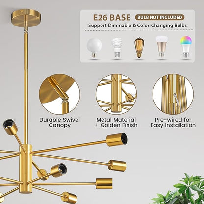 KAISITE Modern Sputnik Chandelier Ceiling Light Fixture 12-Light Gold Chandelier for Dining Room Over Table Height Adjustable Mid Century Industrial Chandelier for Kithchen Living Room Entryway