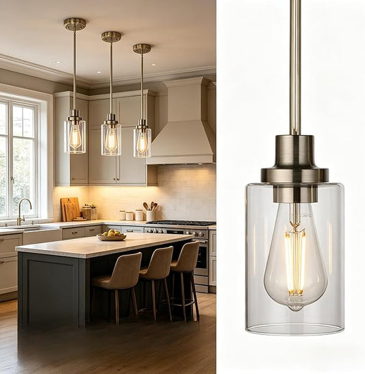 MELUCEE Mini Pendant Lights Brushed Nickel 1-Light with Clear Glass Shade, Contemporary Modern Light Fixtures Ceiling Hanging for Dining Room Kitchen Island Sink