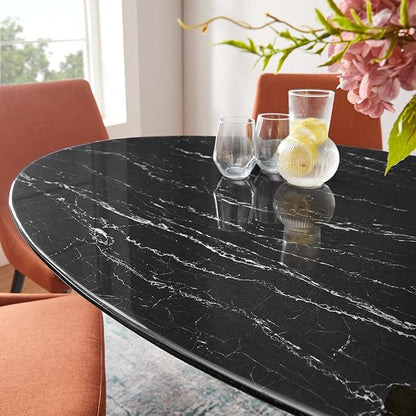 Modway Lippa Oval 60" Mid-Century Modern Artificial Marble Dining Table in Black Black