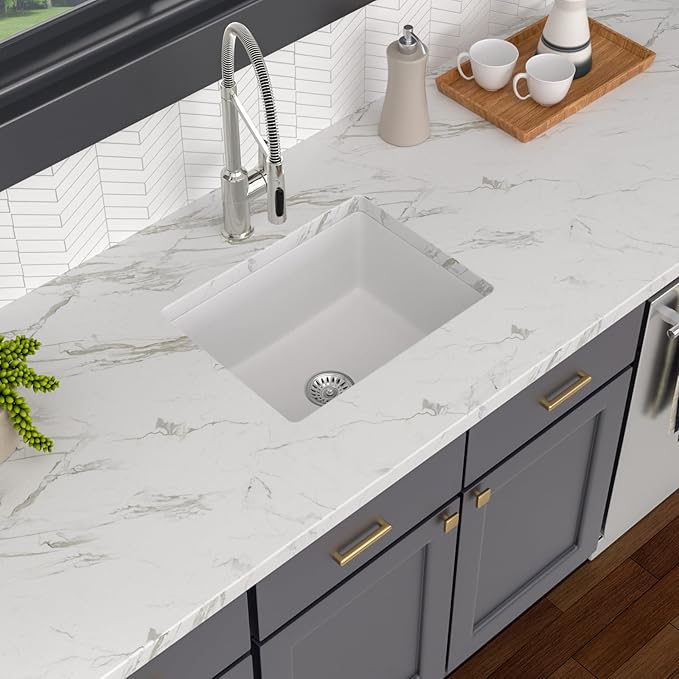 22x17 Inch Granite Composite Kitchen Sink - 22"x17" Undermount White Wet Bar Sink Granite Composite Quartz Classic Under Counter Ledge Single Bowl Sink Basin, LOF-GC22179