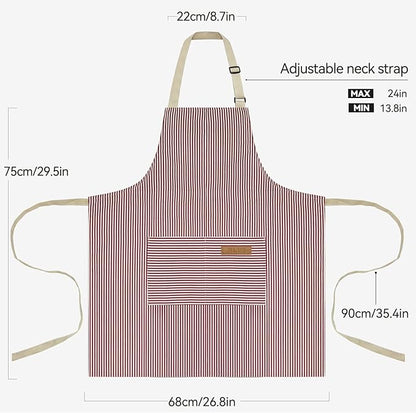 NLUS 2 Pack Cooking Aprons for Women with Pockets, Adjustable Kitchen Bib Aprons Chef Aprons for Women Men(Red Pinstripes)