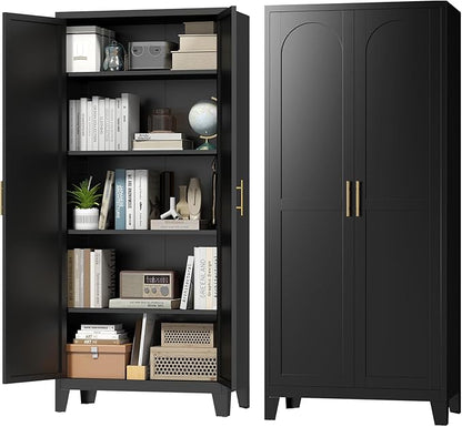 Zevemomo 70.87" H Metal Kitchen Pantry Cabinet, Freestanding Cupboard with 2 Doors and 4 Adjustable Shelves, Tall Metal Storage Cabinet for Kitchen, Bathroom, Dinning Room or Laundry Room （Black）