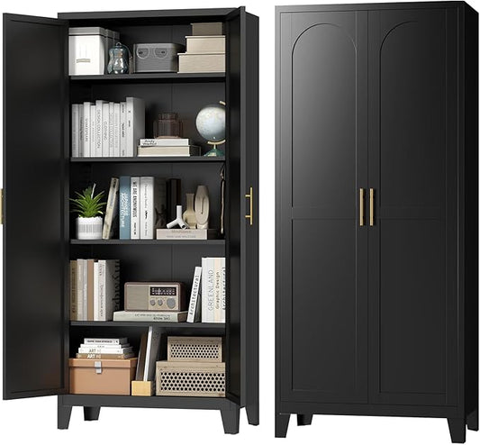 Zevemomo 70.87" H Metal Kitchen Pantry Cabinet, Freestanding Cupboard with 2 Doors and 4 Adjustable Shelves, Tall Metal Storage Cabinet for Kitchen, Bathroom, Dinning Room or Laundry Room （Black）