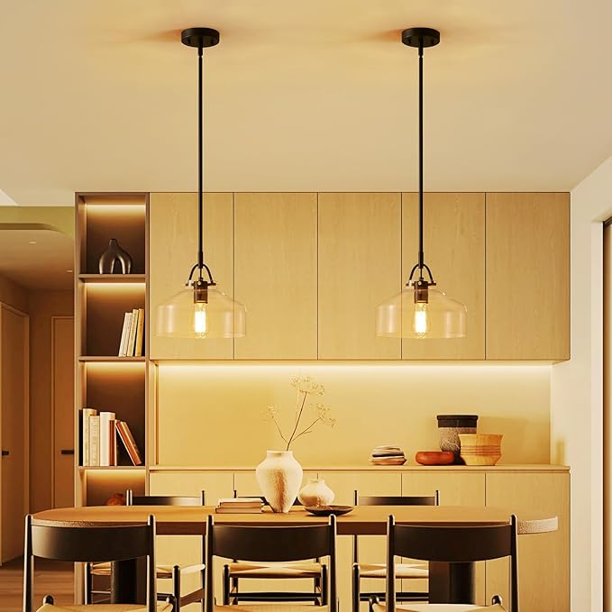 WUZUPS Chandelier Rustic Farmhouse Industrial Round Ceiling Pendant LED Light Fixture with Clear Glass Shades for Dining Room Kitchen Island Foyer Entryway, H 9.4" x W 10.6", E26 Base, Black