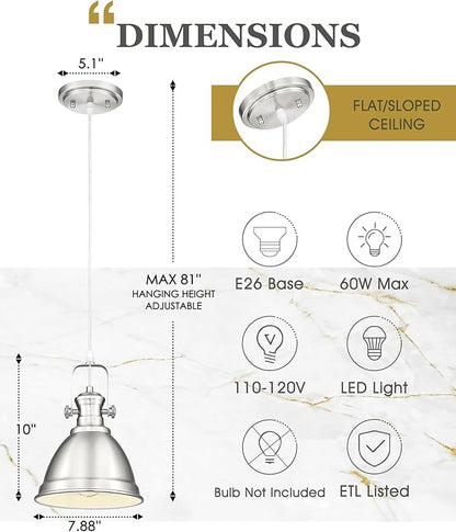 2-Pack Pendant Lights Kitchen Island, 8" Farmhouse Hanging Lights Fixtures with Metal Shade, Rustic Kitchen Pendant Lighting Over Island for Dining Room, Brushed Nickel, AD-2151-2PM-SN