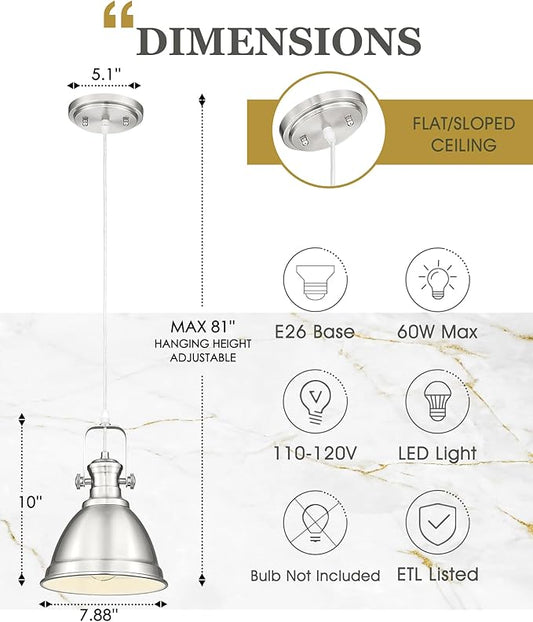 2-Pack Pendant Lights Kitchen Island, 8" Farmhouse Hanging Lights Fixtures with Metal Shade, Rustic Kitchen Pendant Lighting Over Island for Dining Room, Brushed Nickel, AD-2151-2PM-SN