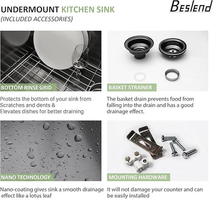 33 Inch Black Undermount Kitchen Sink - 33”x19”x10” Stainless Steel Gunmetal Black 16 Gauge 10 Inch Deep 60/40 Double Bowl Kitchen Sink Basin