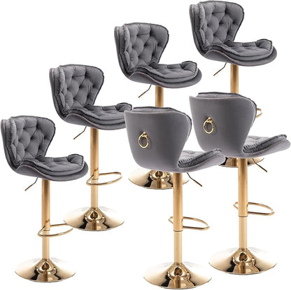 Rhomtree 24-33 Inch Swivel Bar Stools, Adjustable Counter Height Barstools, Velvet Tufted Back and Golden Footrest, Bar Chairs Kitchen Island, Cafe, Bar Counter, Dining Room, Coffee(Grey Set of 6)
