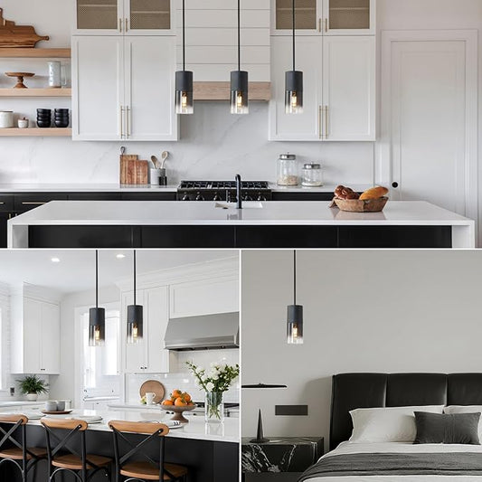 Pendant Light Fixtures, Adjustable Modern Pendant Lights for Kitchen Island, Industrial Glass Pendant Lights for Dining Table Hallway Bedroom Living Room Black 2 Packs