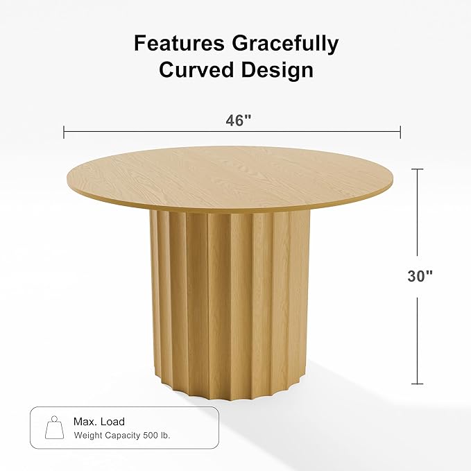 Casaphoria 46" Round Dining Table, Modern Wood Kitchen Table with Cylindrical Wide Bar Concave Base for Living Room & Dining Room, Easy Assembly Farmhouse Furniture for 4-6, Oak