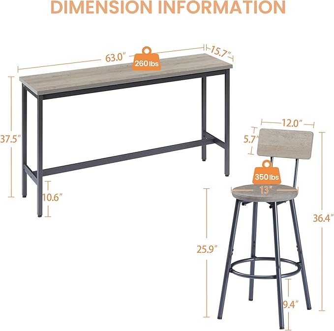 KEIKI Long Bar Table Set with 3 PU Upholstered Bar Stools, Industrial Counter Height Dining Table and Chair Sets for Kitchen, Living Room, Small Space, Grey