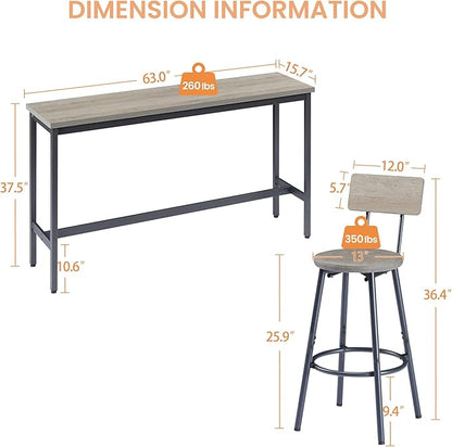 KEIKI Long Bar Table Set with 3 PU Upholstered Bar Stools, Industrial Counter Height Dining Table and Chair Sets for Kitchen, Living Room, Small Space, Grey