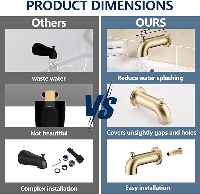 Slip-On Tub Spout with Diverter Long for Bathtub Spout, Fit for 1/2 Inch Slip Pipe, Brushed Gold