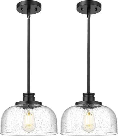 Emak 2 Pack Black Pendant Light Fixtures, 10 Inch Seeded Glass Pendant Lights Kitchen Island, Modern Farmhouse Island Lights for Kitchen, Dining Room, Bathroom, Bar, PL131-BK-SG-2PK