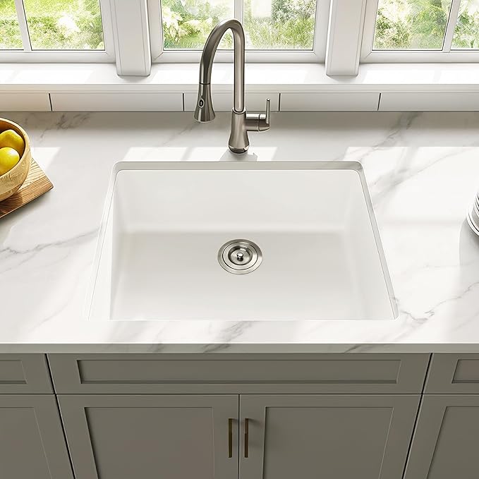 Enbol 24 Inch Undermount Kitchen Sink White Quartz Undermount Kitchen Sink Single Bowl Granite Composite Sink with Strainer 2418-W (24”X18”)