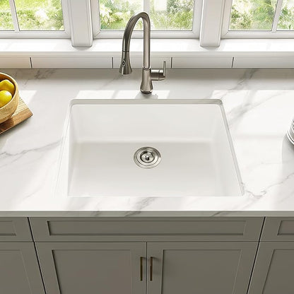 Enbol 24 Inch Undermount Kitchen Sink White Quartz Undermount Kitchen Sink Single Bowl Granite Composite Sink with Strainer 2418-W (24”X18”)