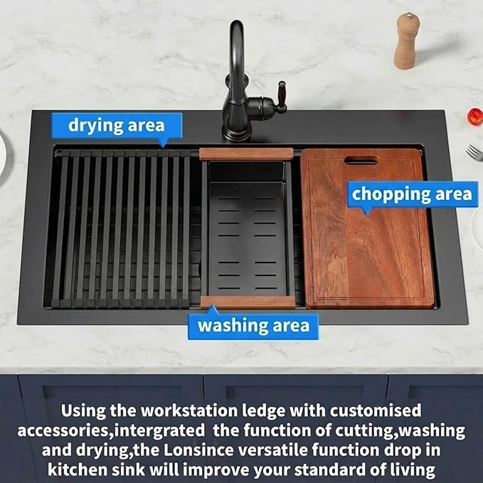 Black Drop In Kitchen Sink 36" X 22",Top Mount 16 Gauge Stainless Steel Workstation Sink,Deep & Large Single Bowl Kitchen Sinks (Black, 36" X 22")